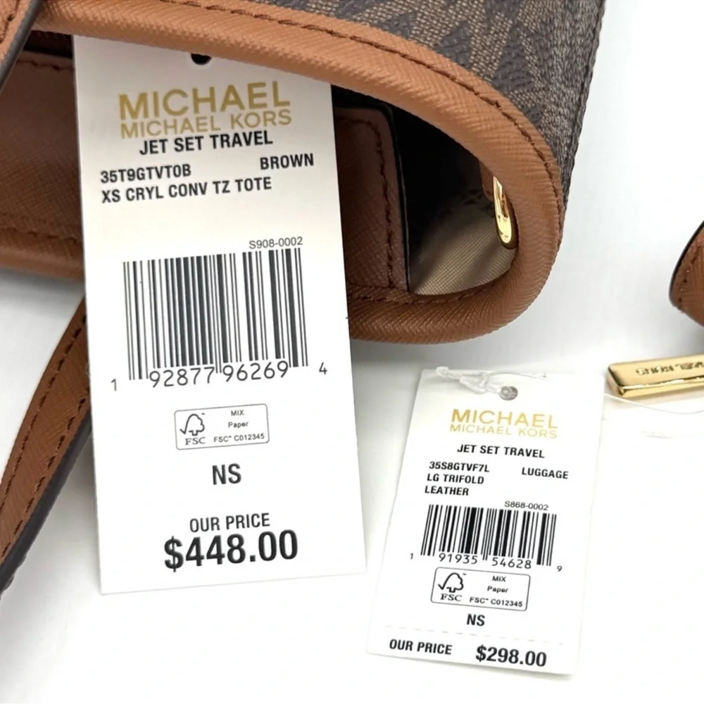 Michael Kors Jet Set Travel Extra-Small Top-Zip lote Bag & Trifold Wallet Brown